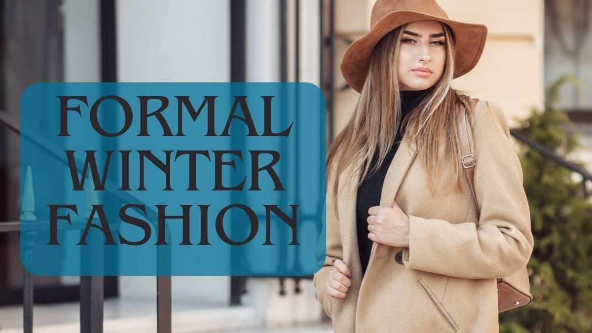 A woman wearing a beige coat, black turtleneck, and a brown hat, showcasing stylish winter formal fashion.