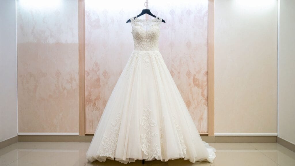 Elegant white ball gown dress displayed on a hanger, showcasing intricate lace and floral detailing