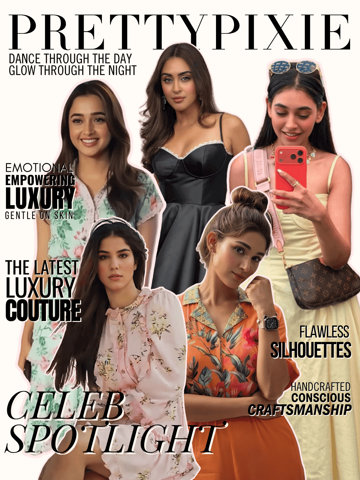 Fashion collage featuring multiple women in luxury couture outfits promoting PrettyPixie clothing with bold magazine-style headlines