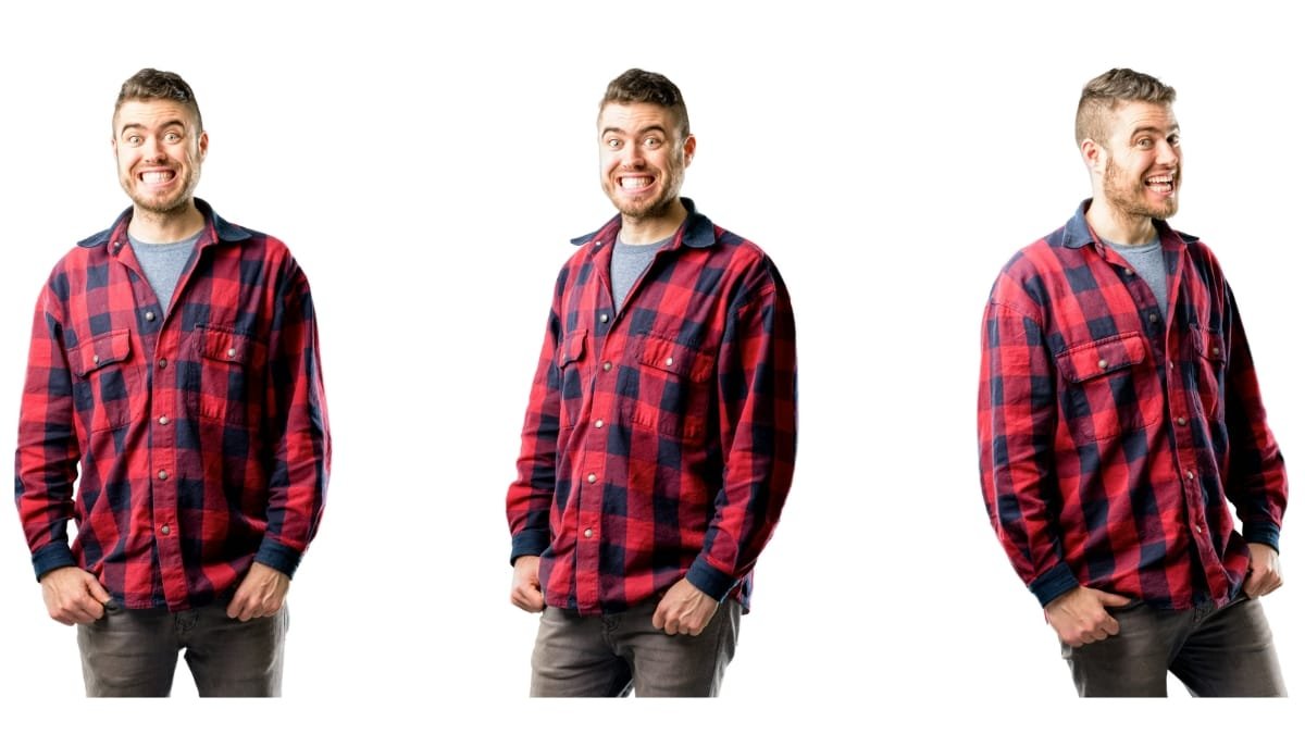 Men wearing red flannel shirts big and tall in different standing poses.