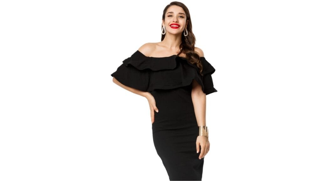 Plus size woman wearing an off-shoulder black dress with ruffle detailing and bold red lipstick.