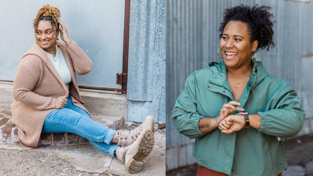 Plus size fashion featuring a woman in a beige cardigan and boots, showcasing a casual chic look