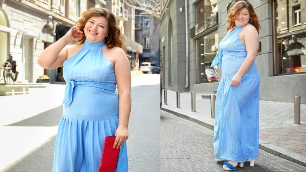 Casual plus size blue gown with a halter neck and tie waist, ideal for day events or outdoor gatherings