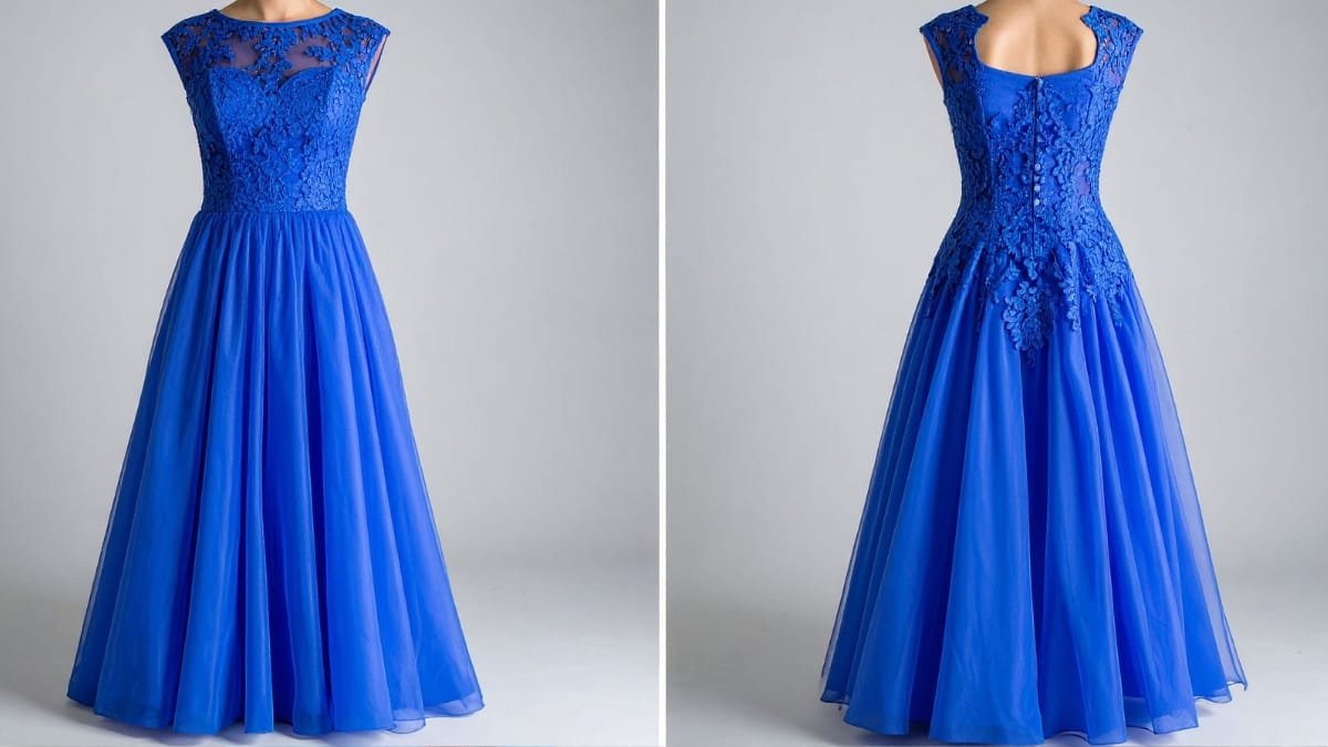 Elegant plus size blue gown with lace detailing and a flowing skirt, perfect for formal events