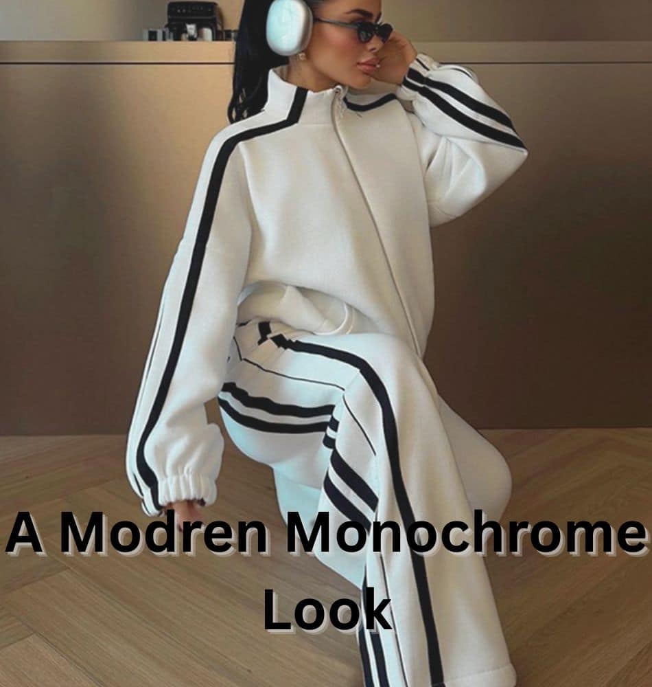 Woman wearing a white tracksuit with black stripes, kneeling on a wooden floor, wearing large white headphones and white sneakers.