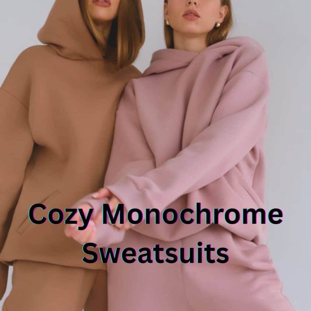 Two models wearing oversized monochrome hoodies/sweatsuits in camel and dusty pink, standing close together against a light background.