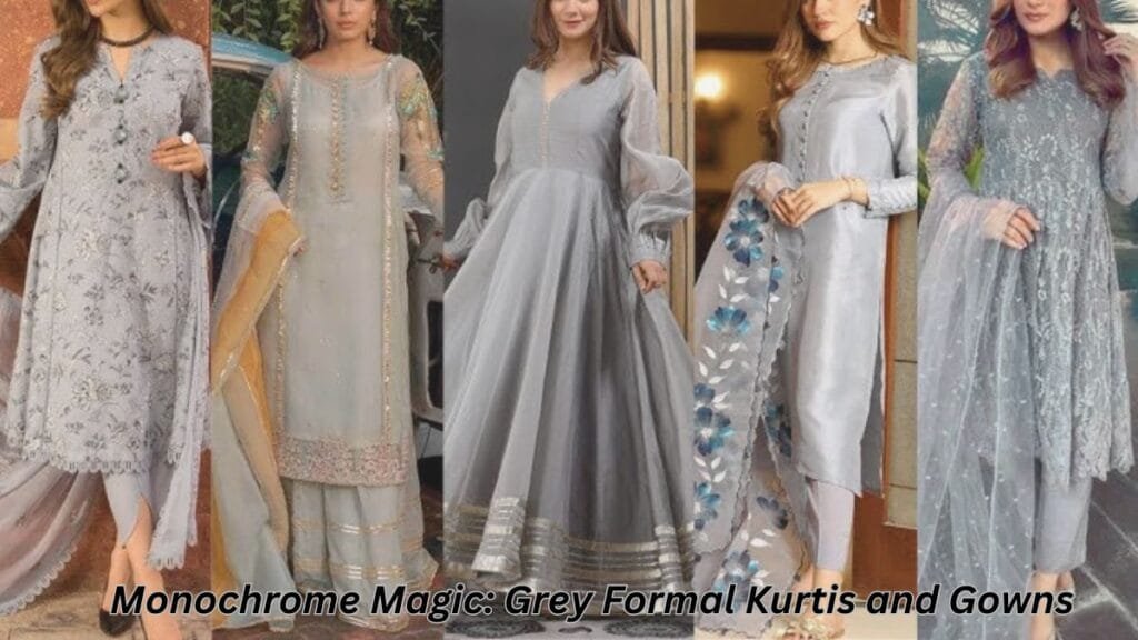 A collection of five elegant grey formal kurtis and gowns with intricate designs, worn by models showcasing monochrome magic.