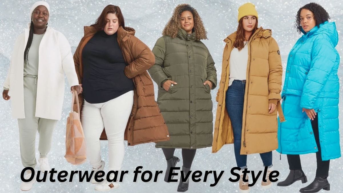 A diverse group of women wearing stylish outerwear including puffer coats in various colors and styles.