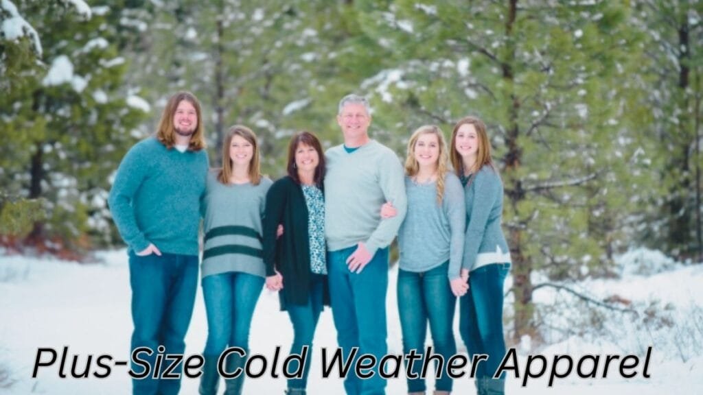 A group of six people in matching sweaters standing together in the snow, showcasing plus-size cold weather apparel.