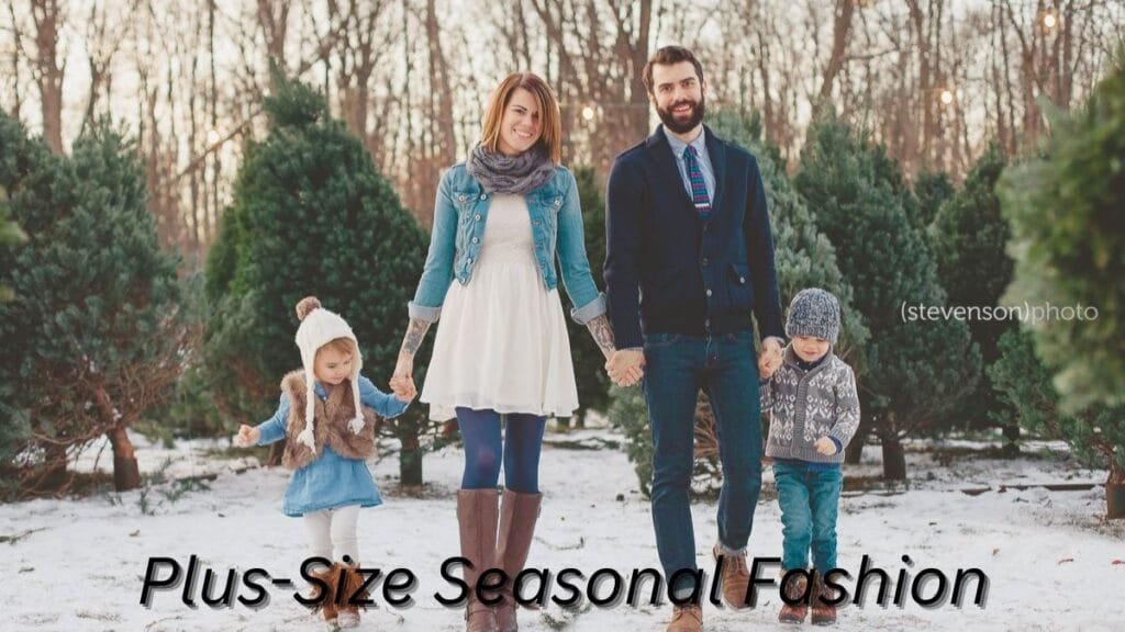 A family dressed in cozy seasonal clothing stands together in a snow-covered tree lot. The parents hold hands with their two young children, who are bundled up in winter attire.