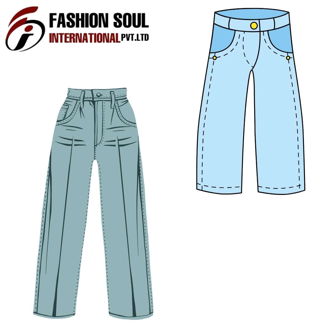 Illustration of two jeans designs: a light blue wide-leg pant on the left and a light blue cropped capri pant on the right, with visible stitching details and yellow rivets