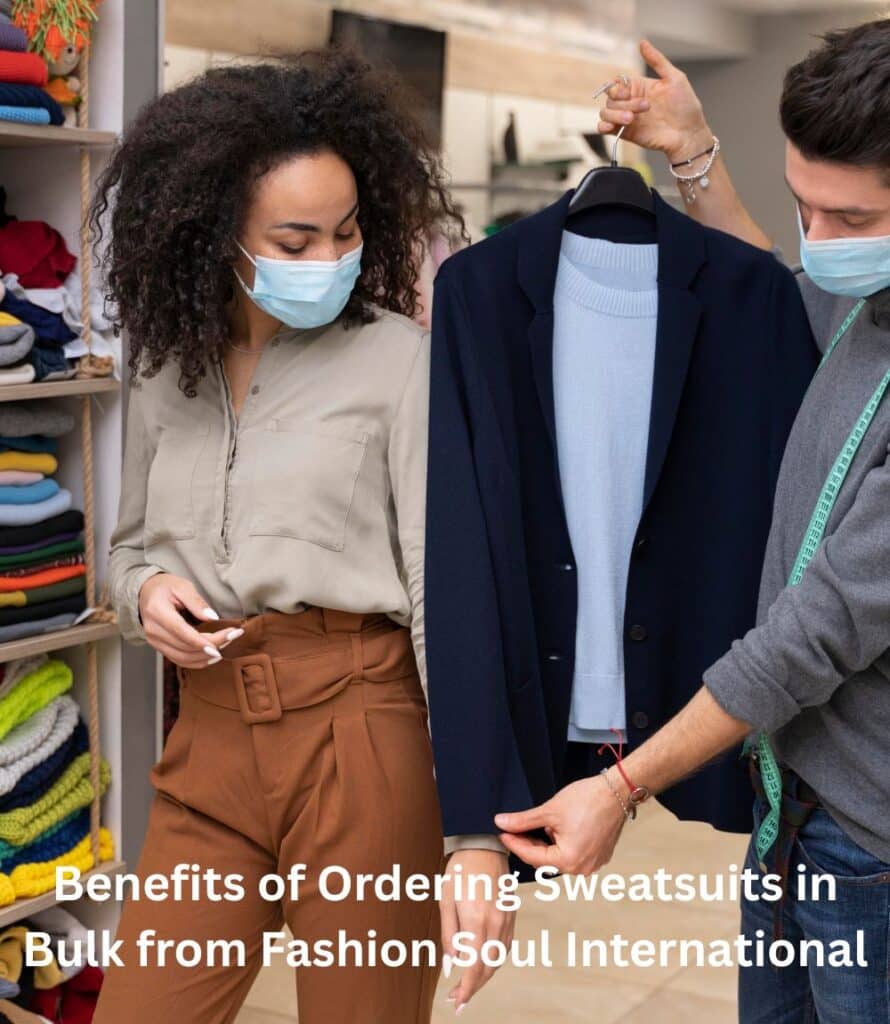 "A salesperson discussing bulk sweatsuit options with a business client in a showroom."