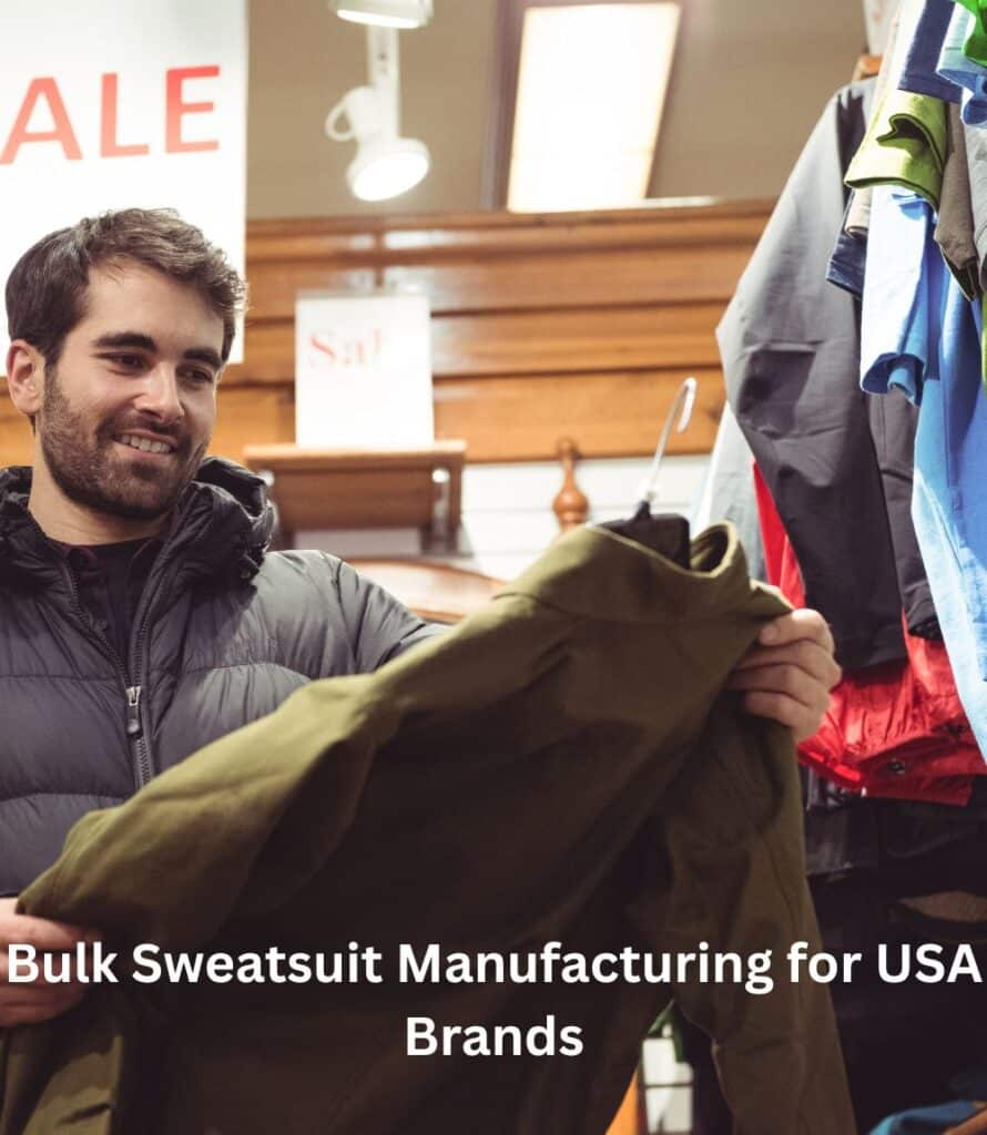 "Close-up of high-quality cotton-blend sweatsuits with fabric texture and a 'Made in USA' label, representing a USA sweatsuits supplier."