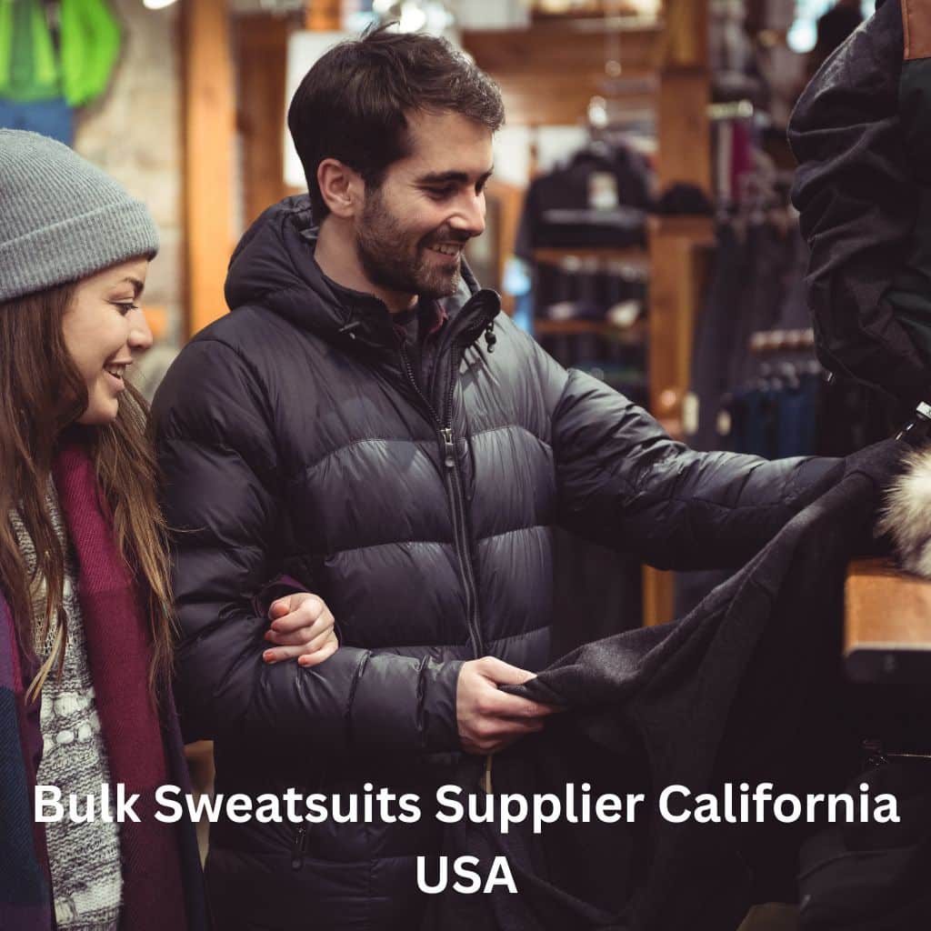 A warehouse in California stacks rows of bulk sweatsuits ready for shipment.