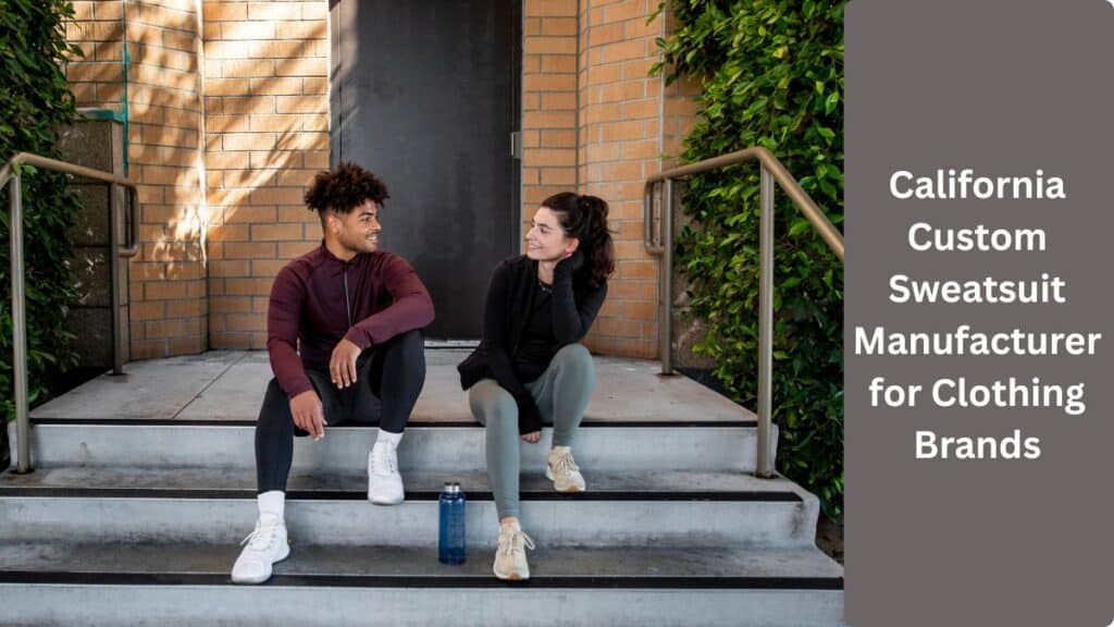 A modern California-based sweatsuit manufacturing facility producing custom apparel for fashion brands, with branding guidelines, high-tech embroidery machines, and sample joggers and hoodies on display.