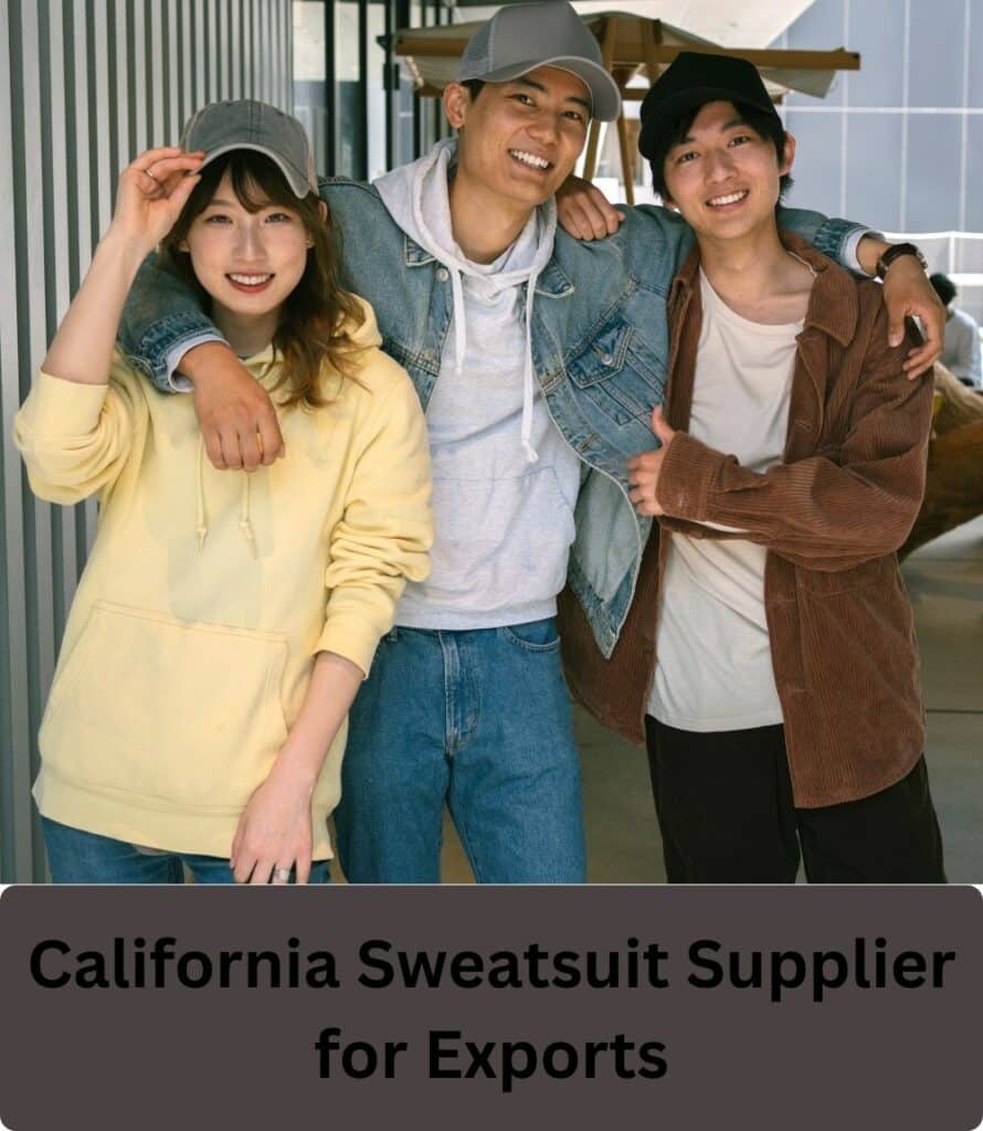 A modern California-based apparel supplier warehouse with rows of neatly stacked sweatshirts and joggers, labeled for export, ready to ship overseas.