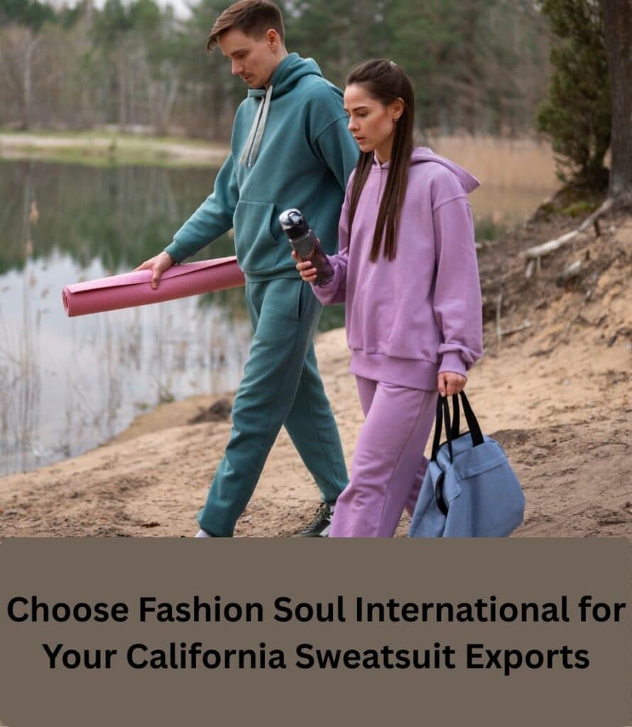 A glossy distribution center scene in California with labeled sweatshirts and joggers ready for international export, featuring a smiling team representative overseeing packing.