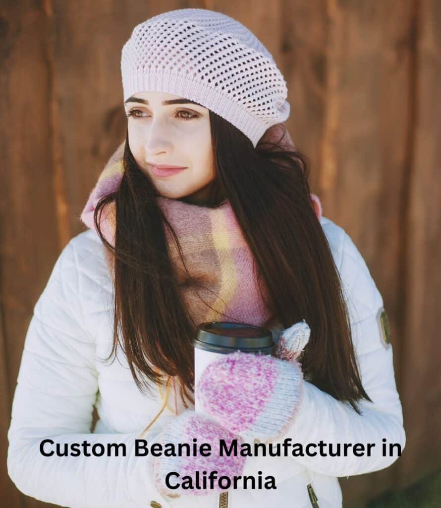 "Factory interior with workers stitching knit beanies on automated machines in California."