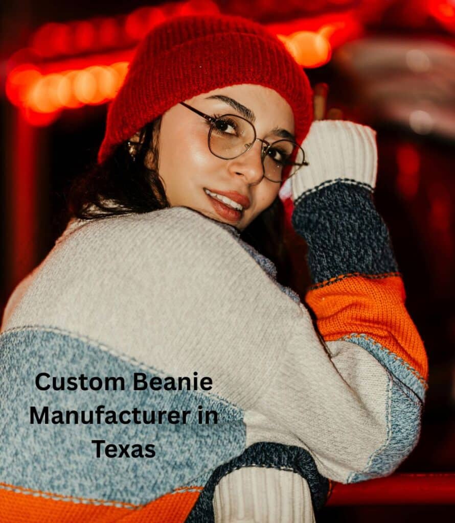 “Industrial beanie knitting machine producing custom beanies in a Texas manufacturing facility.”