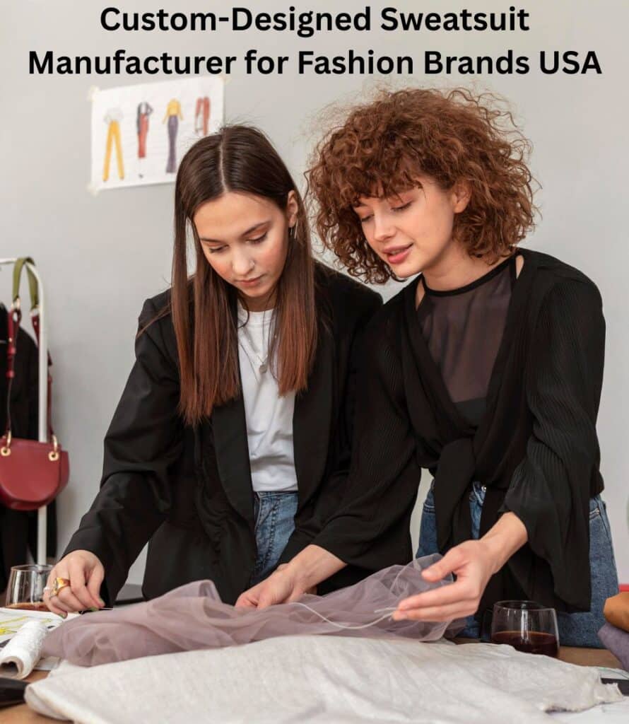 Custom-designed sweatsuit manufacturing facility in the USA, showcasing tailored tracksuits and streetwear for fashion brands.