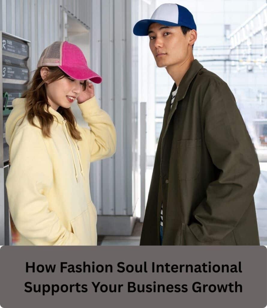 A sleek, modern office with a Fashion Soul International team brainstorming near a whiteboard, charts, and laptops, symbolizing strategic support for fashion brands' growth.