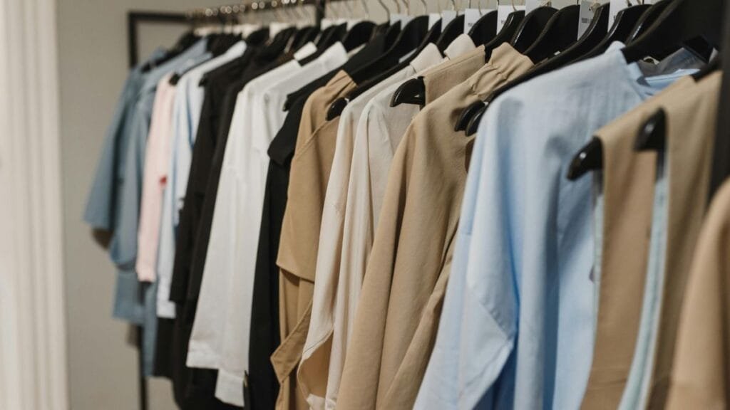 A variety of shirts in different colors, including blue, beige, white, and black, neatly hanging on hangers in a store.