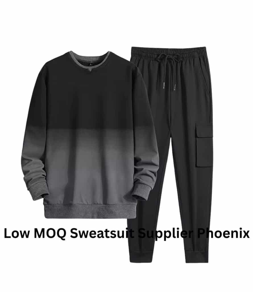 A bright, comfortable sweatsuit set displayed on a mannequin in a retail studio, highlighting a low minimum order quantity commitment in Phoenix, AZ.
