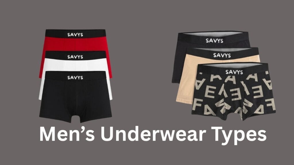 A set of men’s boxer briefs in various colors on the left and patterned boxer briefs on the right, with the text ‘Men’s Underwear Types’ at the bottom