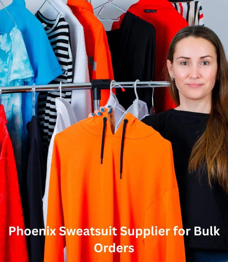 "Phoenix-branded unisex sweatsuit set in charcoal gray with contrasting piping, displayed on a wooden hanger against a neutral backdrop."