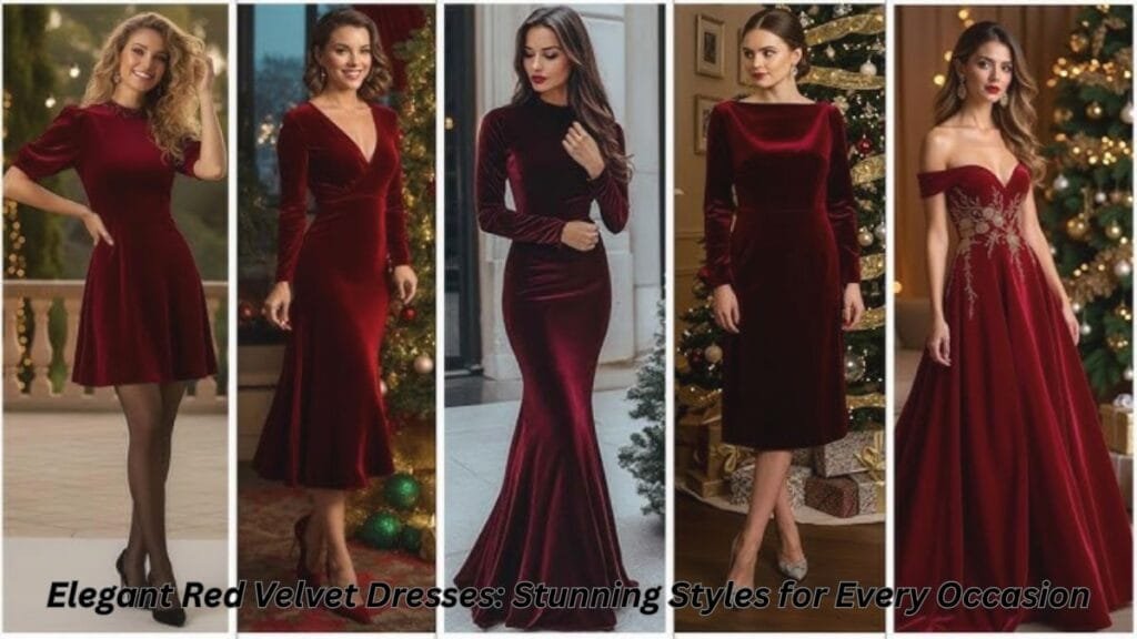  A collection of elegant red velvet dresses showcasing various styles for different occasions.