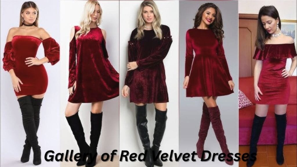 A collection of five women wearing red velvet dresses, each paired with knee-high boots. The dresses come in different styles, including off-shoulder, long sleeve, and flowy designs.