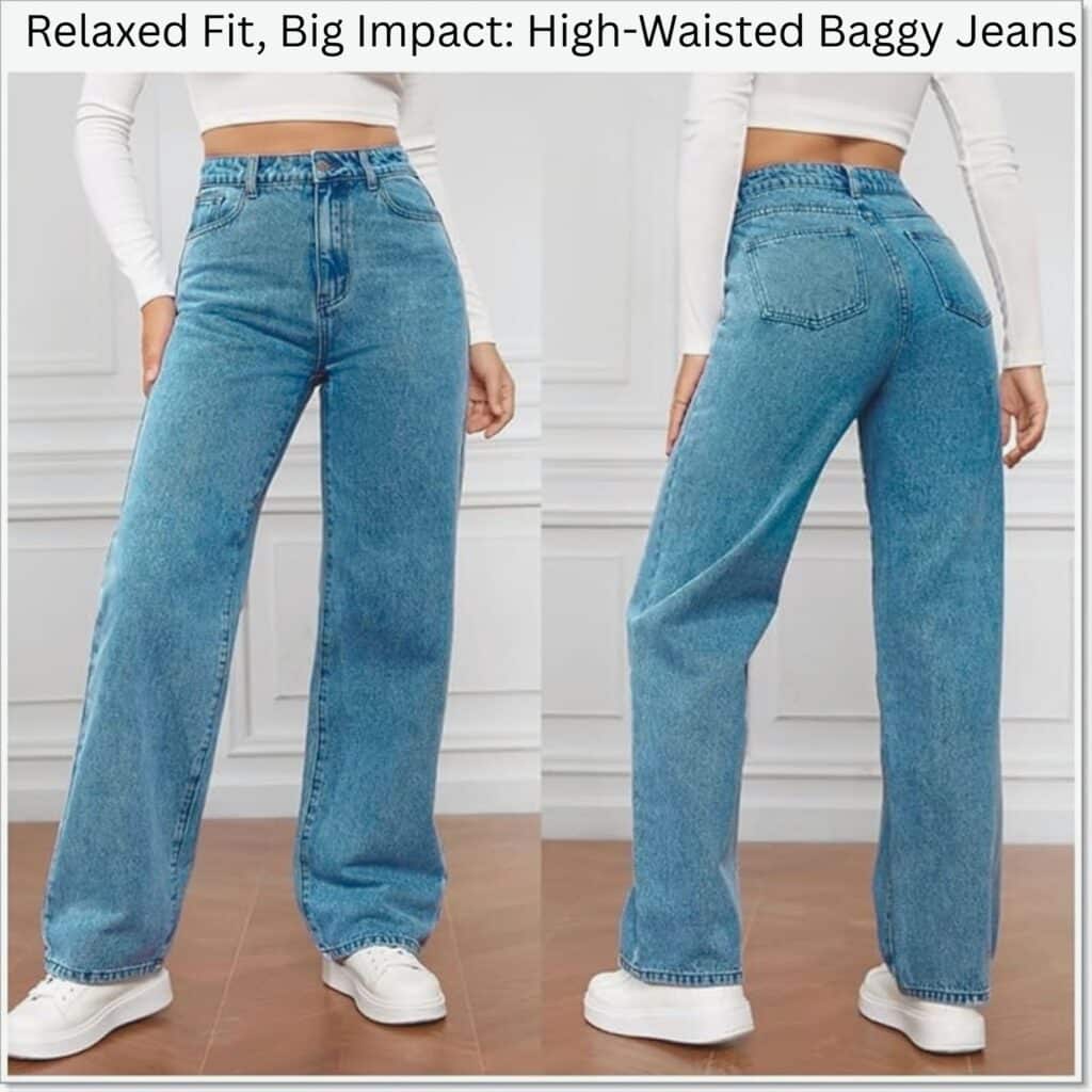 A person models high-waisted, wide-leg blue jeans from both the front and back, paired with a white cropped top and white sneakers. The jeans have classic denim wash and visible stitching.