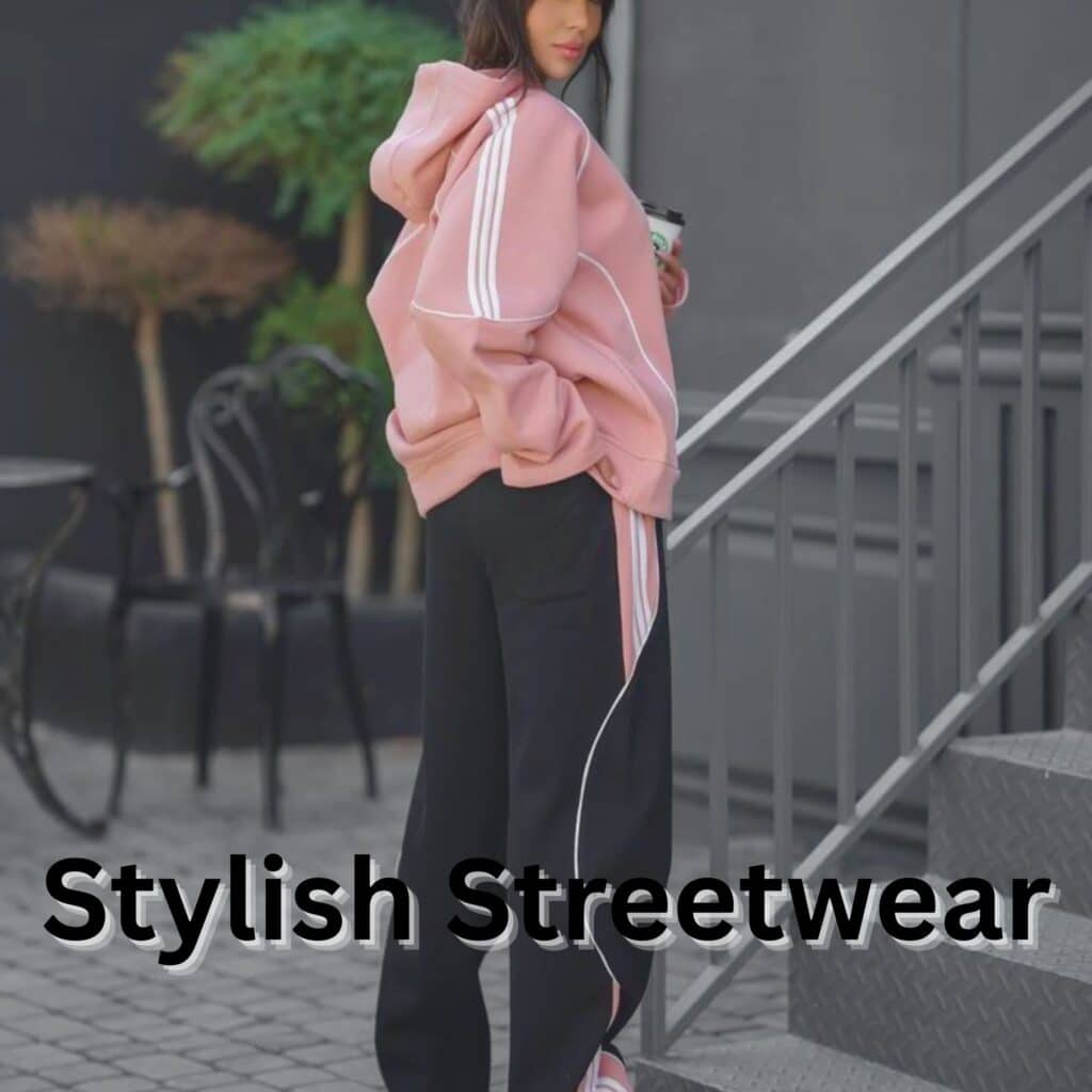 A woman wearing a pink oversized hoodie with white stripes, black wide-leg pants, and a beige cap, standing near a metal staircase outdoors.