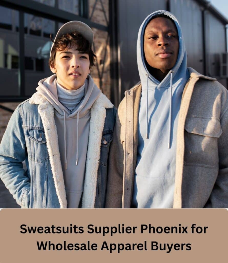 "Wholesale sweatsuits display on racks in a modern Phoenix showroom, featuring matching hoodies and joggers in neutral tones for bulk buyers."