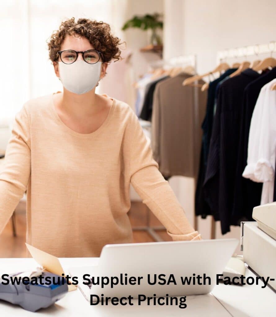 Collection of men's and women's sweatsuits displayed in a bright showroom, highlighting USA-based supplier and factory-direct pricing.