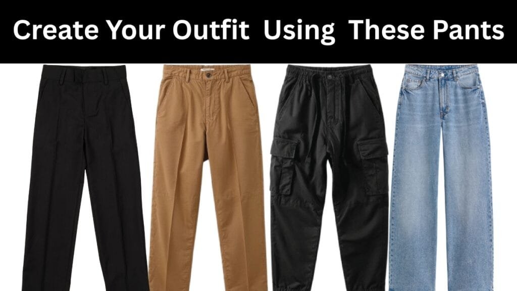 Four pairs of pants displayed: black dress pants, tan khaki pants, black cargo pants, and light blue jeans.