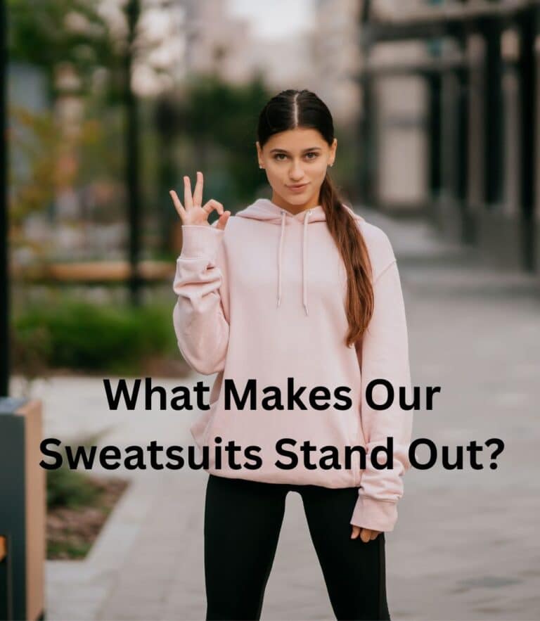 “A display of premium sweatsuits for private label clothing, featuring a variety of neutral colors, clean stitching, and a ‘Made in USA’ label, highlighting high-quality fabrics and customization options for private label apparel.”