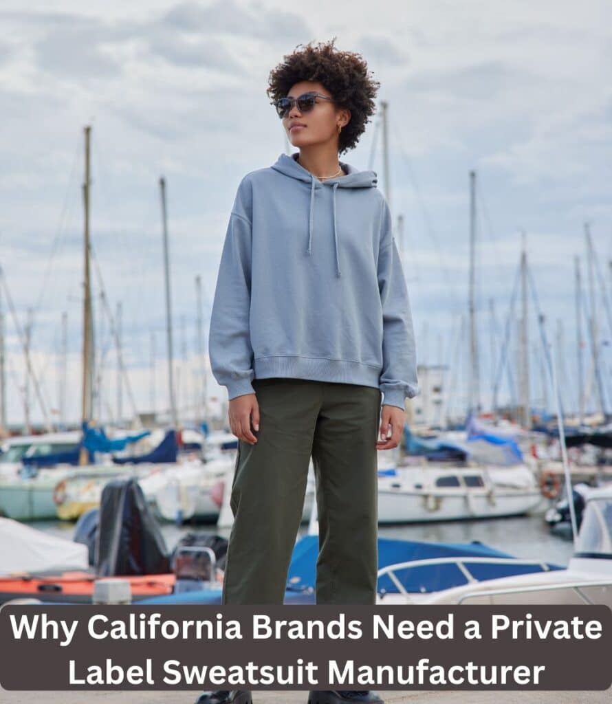 “Close-up of a sewing machine stitching a gray private label sweatsuit, California-based manufacturer.”