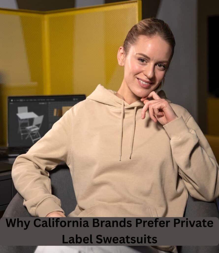 “Sample line of private label sweatsuits on display, labeled with quick-turn customization options, California factory environment.”