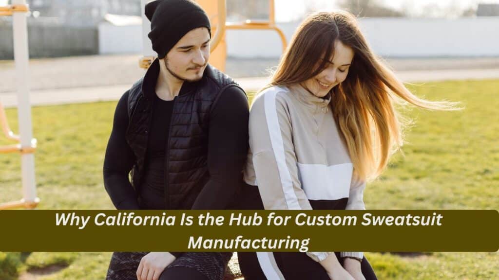 A bustling California-based sweat­suit manufacturing floor with automated sewing machines, sample hoodies, and labeled pallets, highlighting regional expertise, innovation, and sustainable practices.