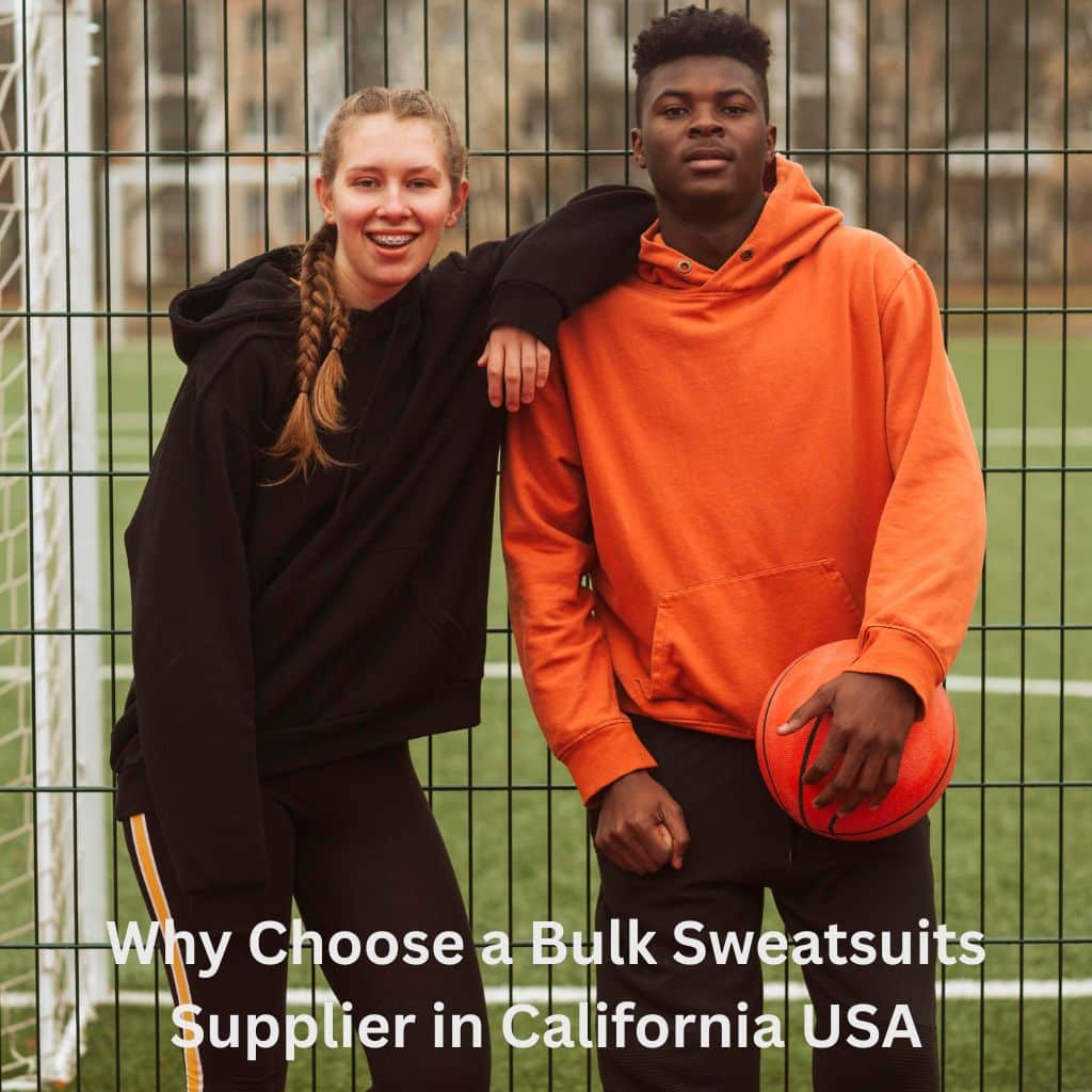 Bulk sweatsuits arranged by size in a California distribution center.