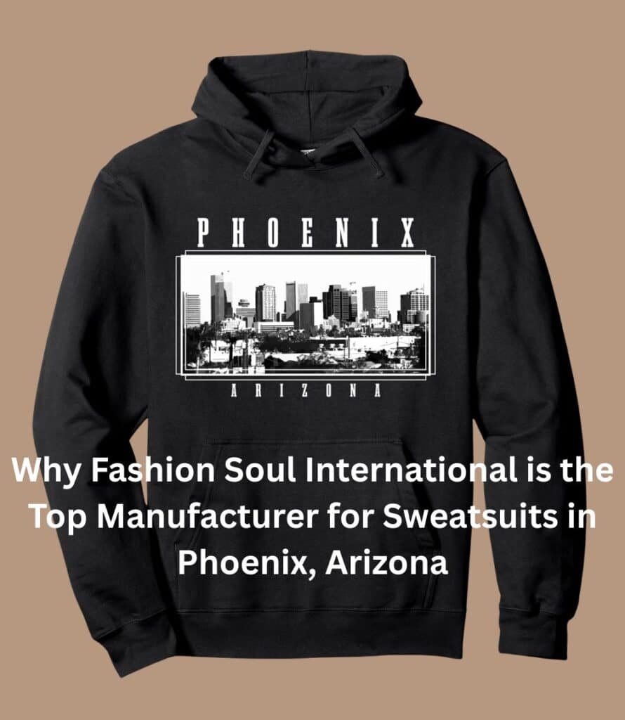 “A rack of neatly folded Arizona-made black and gray sweatsuits, displayed in a Phoenix showroom.”