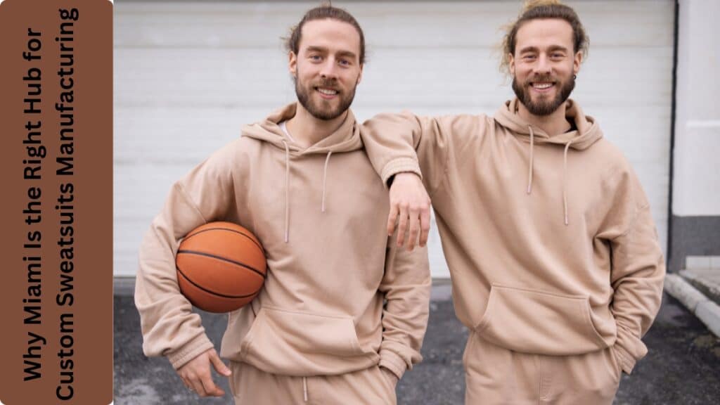 Close-up of a Miami-inspired sweatsuit fabric with breathable knit and bold coastal colors (teal, sunset orange, pink).