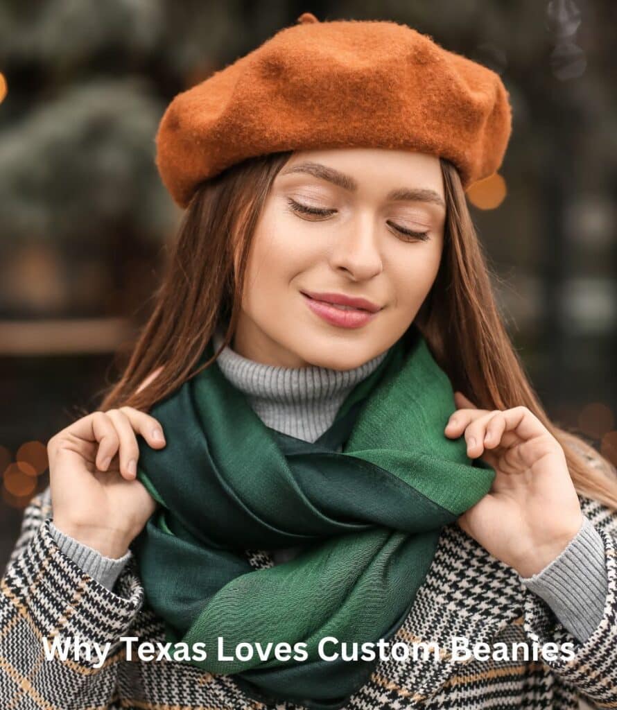 “Close-up of a Texas-based custom beanie being stitched with a company logo.”