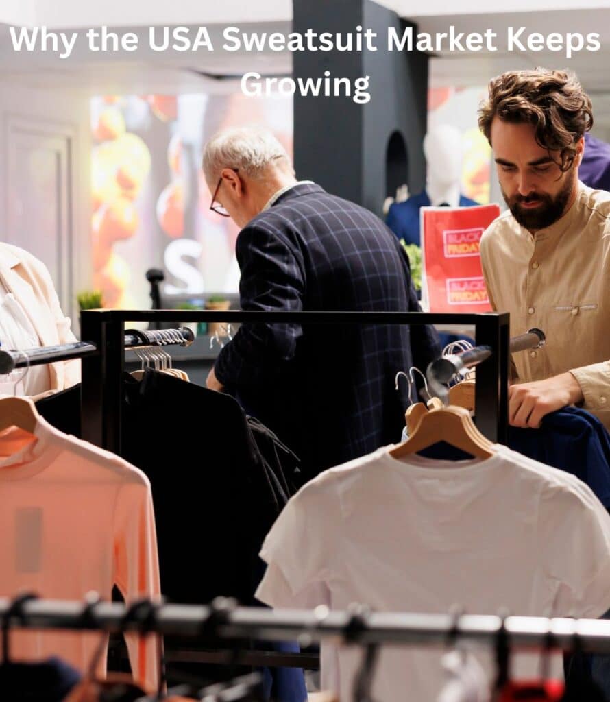 "Flat lay of assorted sweatsuits (hoodies, joggers, zip-ups) with a tag reading 'Factory-Direct Pricing — Made in USA.'"