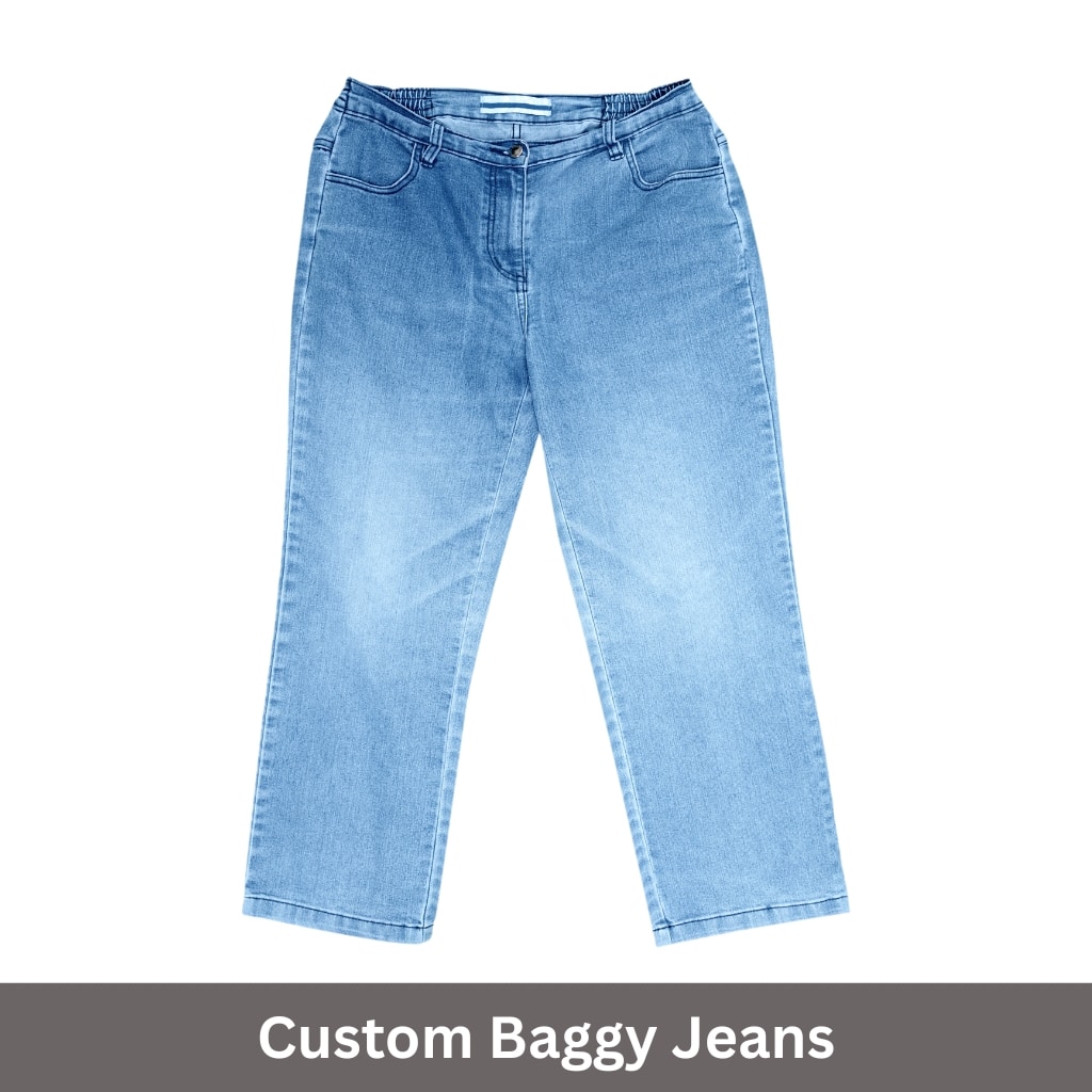 A pair of light blue baggy jeans laid flat on a white background with a gray banner at the bottom reading “Custom Baggy Jeans.”