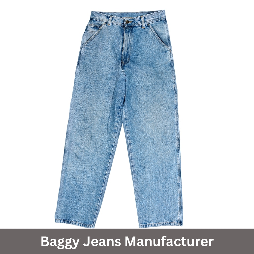 A pair of light-wash, high-waisted baggy jeans laid flat on a white background, with a gray banner at the bottom reading “Baggy Jeans Manufacturer.”