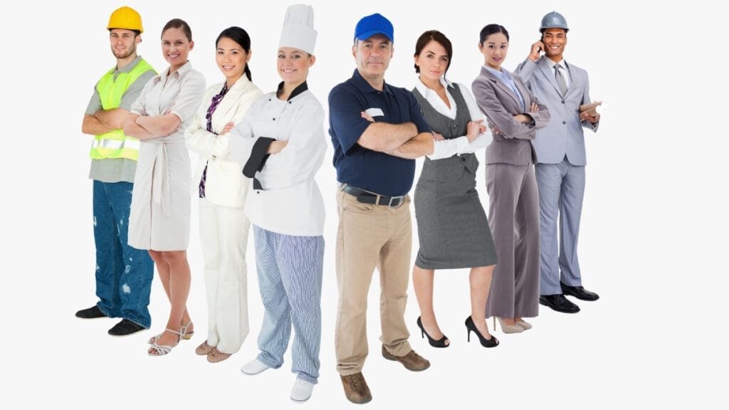 Various professionals dressed in work uniforms made from different types of cotton materials, suitable for multiple industries