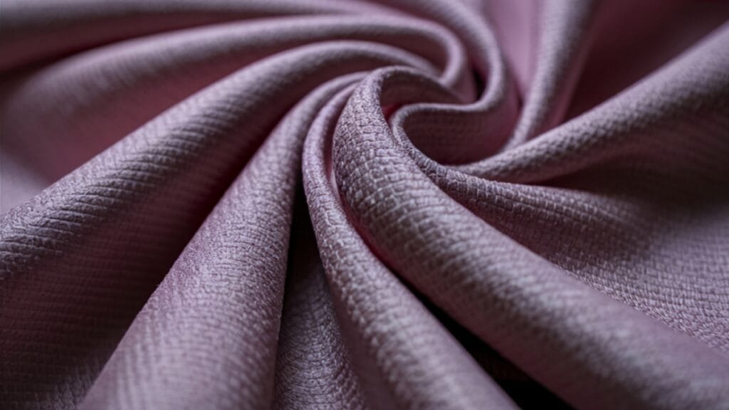 A close-up shot of pink nylon vs spandex fabric swirled into a spiral pattern, showing its smooth and reflective surface
