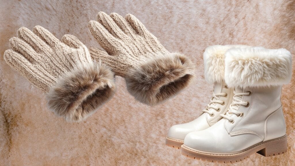 A pair of tan knit gloves with brown faux fur cuffs and white leather boots with cream faux fur lining